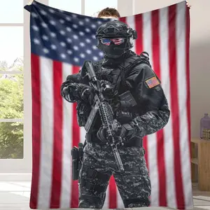 Tactical Soldier Flannel Blanket USA Flag Patriotic Graphic Print Super Soft Plush Lightweight Warmth Perfect For Military Fans Home Living Room Bedroom Bedding Or Outdoor Camping Trips