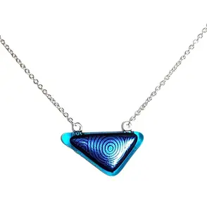Dichroic Blue Circles on Transparent Blue Fused Glass Triangle Pendant Necklace