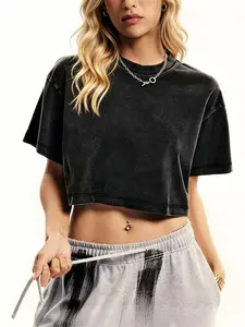 Vintage Women's Sporty Crop Top Washed Finish Short Sleeve, Summer Casual Workout Tops Round Neck Loose Fit Gym Top Shirt, Ideal for Daily Commute, Leisure, and Fitness, Versatile Wear