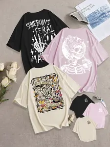 Breathable Casual T-Shirt, Loose Fit Round Neck Design, Skull Women Print, Daily Wear, Fashion Comfort Versatile Top, 3 Pack