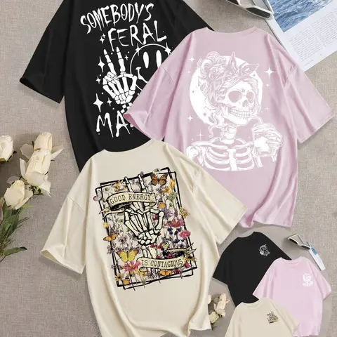 Women's Skull Print Breathable Casual T-Shirt, 3-Piece Loose Fit Round Neck Design Tees, Fashionable Comfortable Versatile Top for Daily Wear, Casual Comfy Tops