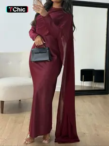 Pure Color Elegant Fashion One-Shoulder Cape Long Sleeve Dress, Fitted Style, Plain Pattern, Long Dress Length, Women's Clothing, Formal Wear