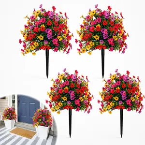 4 Pack Artificial Flowers Outdoor Decoration, Colorful Faux Daisy Flower Stakes with Realistic Eucalyptus Leaves, Silk Mums Fake Plants for Garden Pots, Front Porch, Patio, Courtyard & Lawn Decor