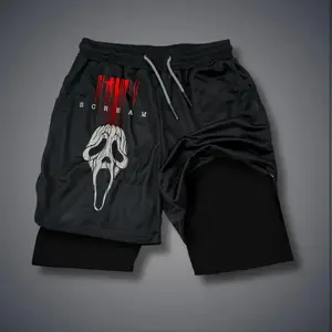Ghost Face Halloween Gym Shorts for Men Double-Layer Graphic Shorts Comfortable Summer Jorts Streetwear Outfits for Spring Vacation Breathable Activewear