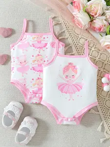 Two piece combination of ballet style camisole jumpsuit for girls in summer, Baby clothes girl, girl style, girls' pink and white ballet dancer jumpsuit, slim shoulder strap design+snap closure+skin friendly fabric, Valentine's Day gift, Bodysuit