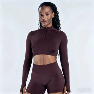 Seamless Sculpting Half-Zip Crop Top | Long Sleeve Thumbhole Gym Jacket | Waist-Snatched Athletic Shaper | Breathable Performance Workout Zippy