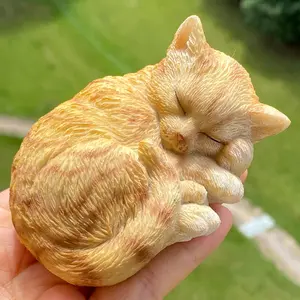 Mini Resin Orange Tabby Cat Statue, Simulated Feline Sleeping Kitten Sculpture, Hand Painted Pet Memorial Figurine for Garden, Desk, or Shelf Decor
