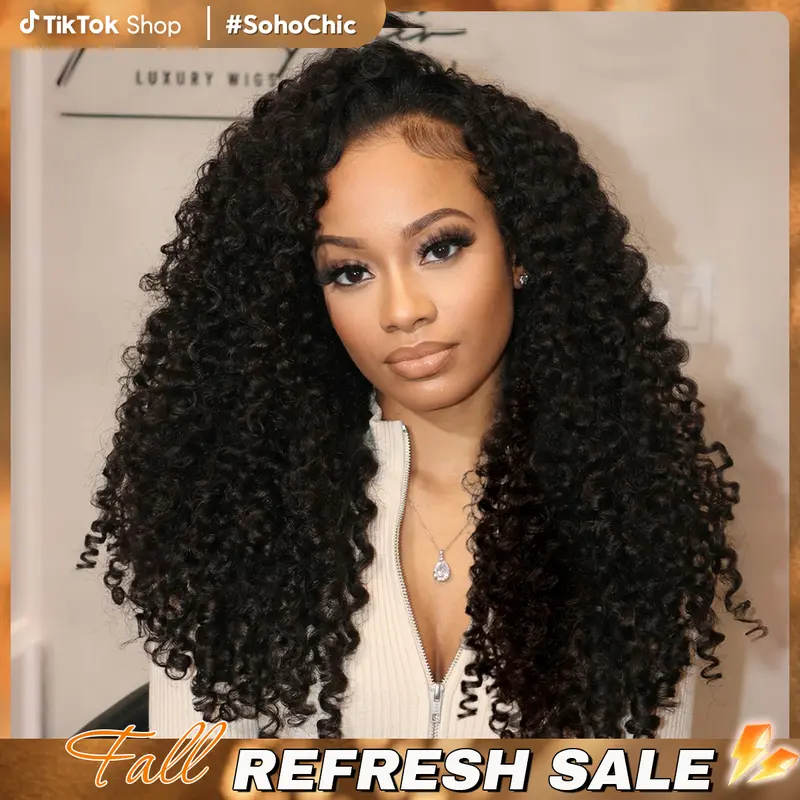 CurlyMe Half Wig Invisible Hairline 250%&300% Density Full Burmese Curly Human Hair Glueless Install Wear Go Half Wig No Lace Seamless Flip Over Wig With Drawstring Beginner Friendly #SohoChic #TikTokShopFallDealsForYou