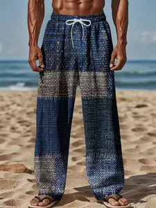 Bohemian Style Printed Men's Casual Lounge Pants, Loose-Fitting Drawstring Long Trousers for All Seasons, Outdoor Relaxed Wide-Leg Pants
