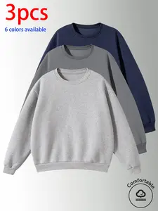 3-pack men’s sweatshirts, men’s casual tops. Loose drop-shoulder long-sleeve pullover sweatshirt with a crew neck—flattering, slimming, and versatile. Available in multiple colors; simple solid-color design that’s versatile—suitable for home, commuting, s