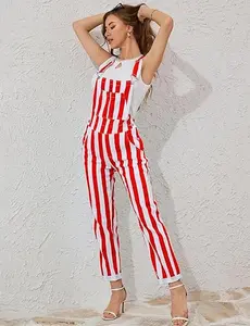 ZHANGYAN Women's Striped Print Bib Overalls Stretch Denim Rompers Sleeveless Jumpsuits Y2K Cute Daily New Year Festival Festive Comfortable Fit