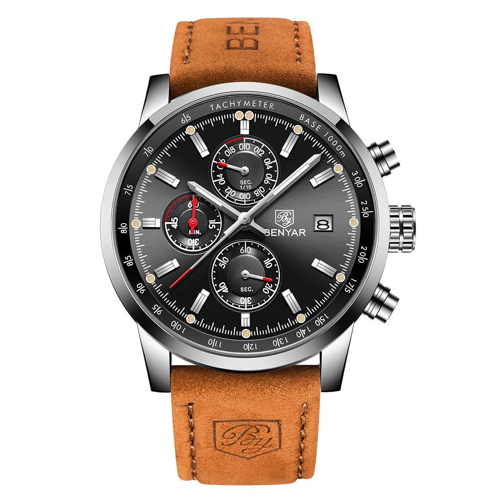 Benyar BY-5102M Men's Chronograph Watch Luxury Quartz Leather Strap Casual Business Wristwatch