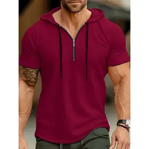 1pc Men's Casual Henley Shirt, Polyester  Short Sleeve Hooded T-Shirt with Quarter Zip, Solid Color Knit Fabric Top for Summer Sports & Fitness - Regular Fit