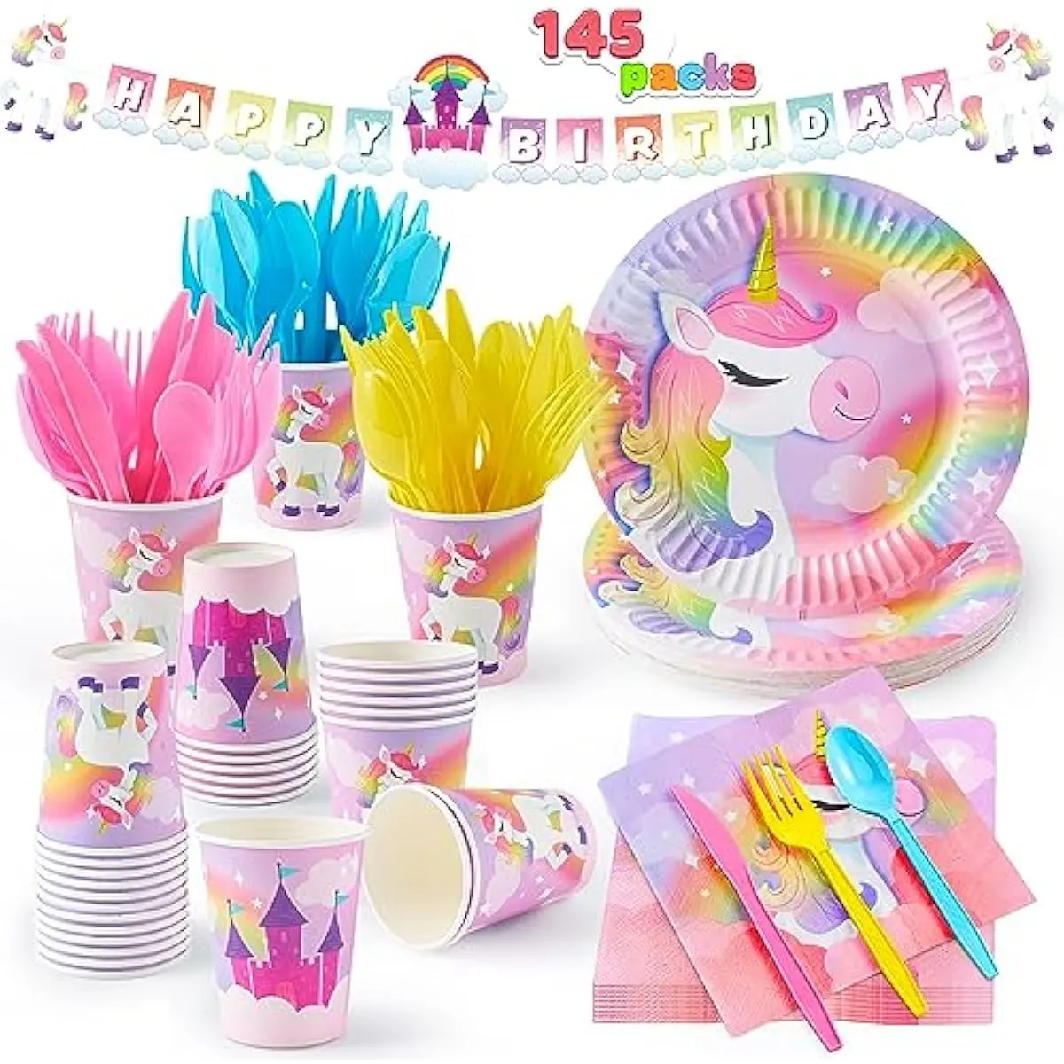 145 Pcs Unicorn Birthday Party Supplies with Unicorn Banner for Girls, 24 Serves Unicorn Disposable Tableware Set with Plates , Cups, Napkins, and Cutlery Sets for Unicorn Themes Party Kids