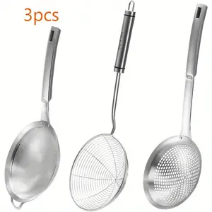 3PCS Fine Mesh Stainless Steel Metal With Hole Sieve Food Strainer Grease Spider Skimmer And With Handle Large Holes Slotted Colander Frying Spoon Set, Handheld For Kitchen Cooking And Filter Food Residues