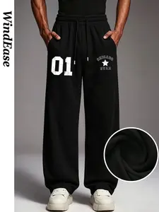 2026 New Men's Chicago Star Letter Print Casual Sweatpants, Elastic Waist Loose Straight Leg Sports Pants, American Style Daily Wear, Athleisure Style Bottoms