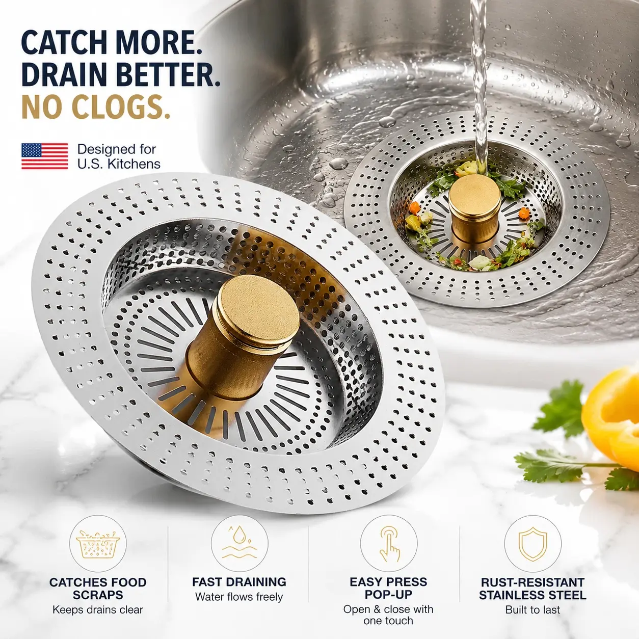 3 in 1 Kitchen Sink Drain Strainer Stopper Stainless Steel SUS 304 Pop Up Sink Drain Stopper for Standard 3-1/2 Inch Drain Anti-Clogging Odor Prevention Ideal Sink Protectors for Kitchen Sink