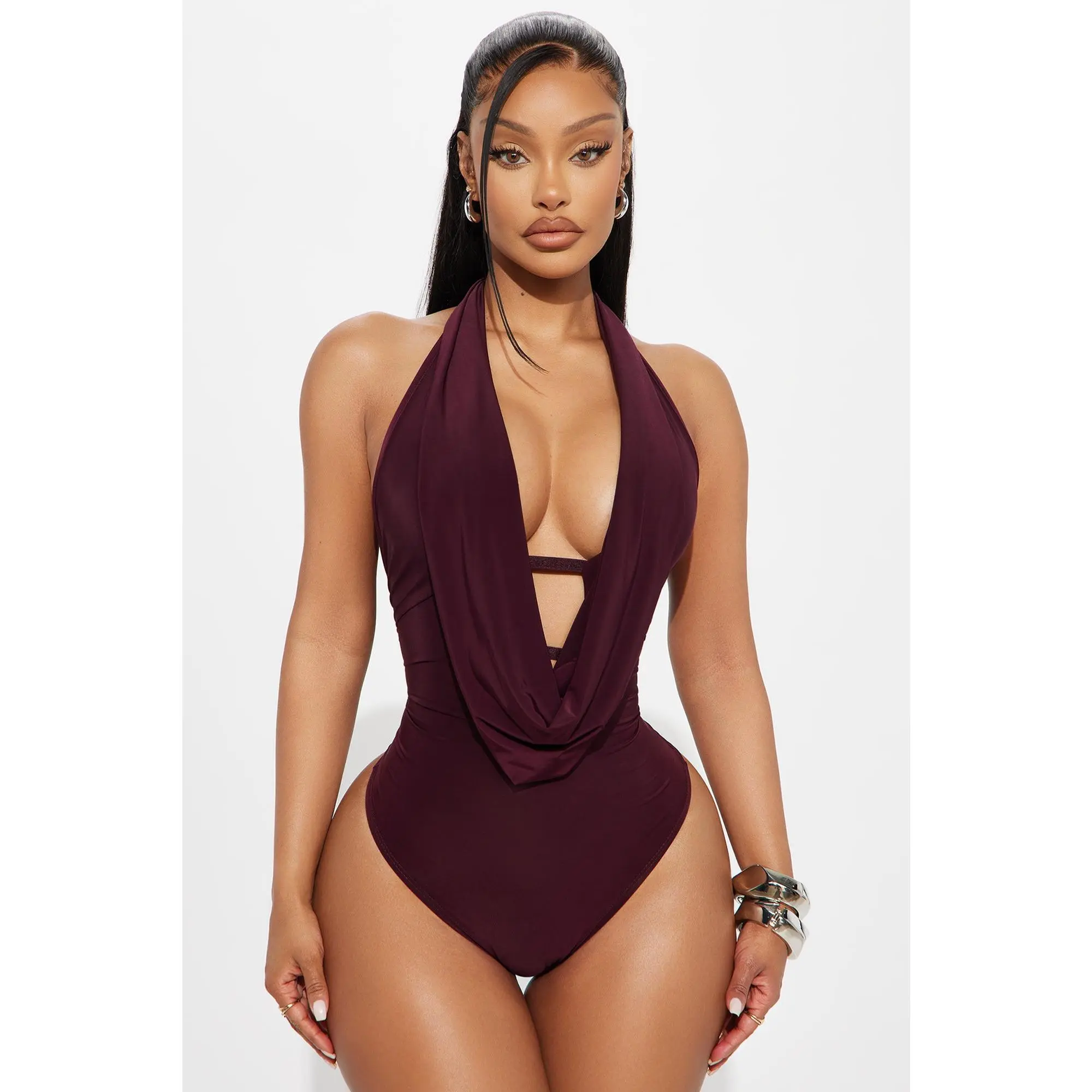 Forever Hot Cowl Neck Halter Bodysuit - Burgundy
