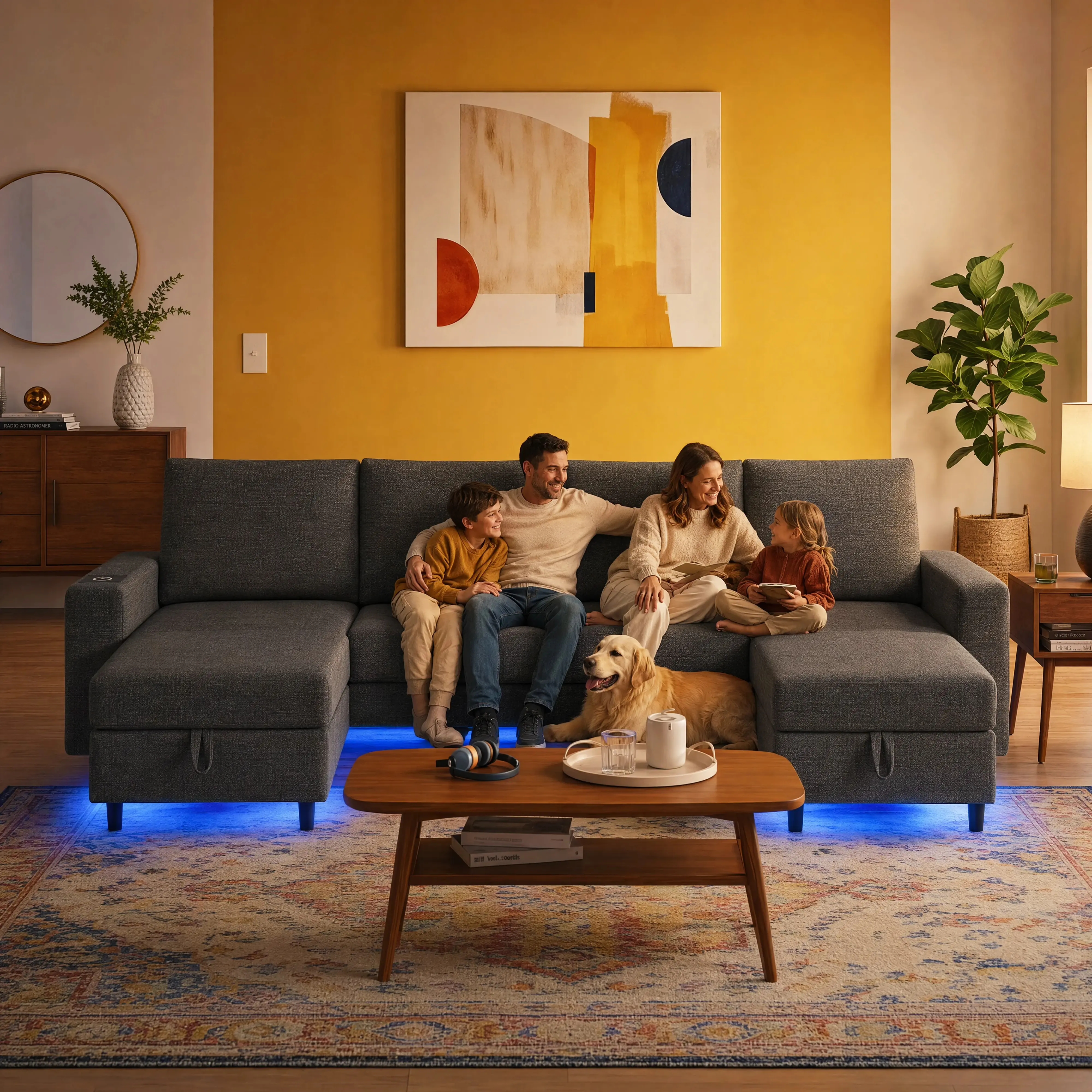 109" Modular Sectional Sleeper Sofa, Skin-Friendly Chenille Fabric, Under-Seat LED Lights, Vertical Tufted Deep Seats, Family-Friendly Living Room Furniture, Fits All Home Styles, Ships in 2 Boxes
