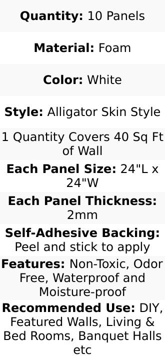 10 Pack 3D White Foam Self Adhesive Wall Panels - Alligator Skin Design 40 Sq ft