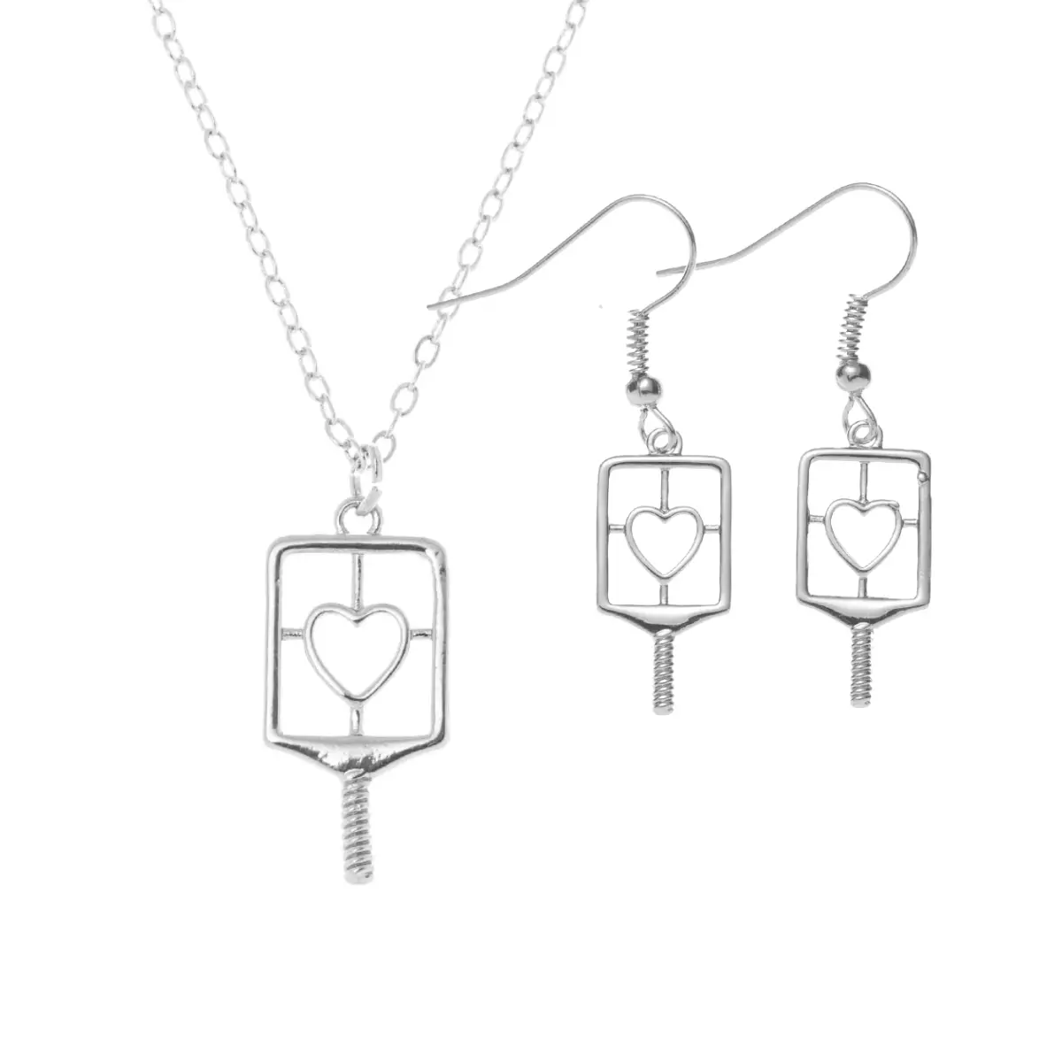Pickleball Jewelry Set - Necklace & Earrings - Silver