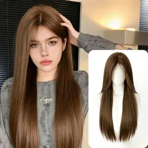 Lotfon  Long, straight, flaxen brown, glue-free synthetic wig, suitable for women, adjustable head circumference, comfortable fit, easy to wear, lightweight and comfortable, effortlessly achieving a stylish look