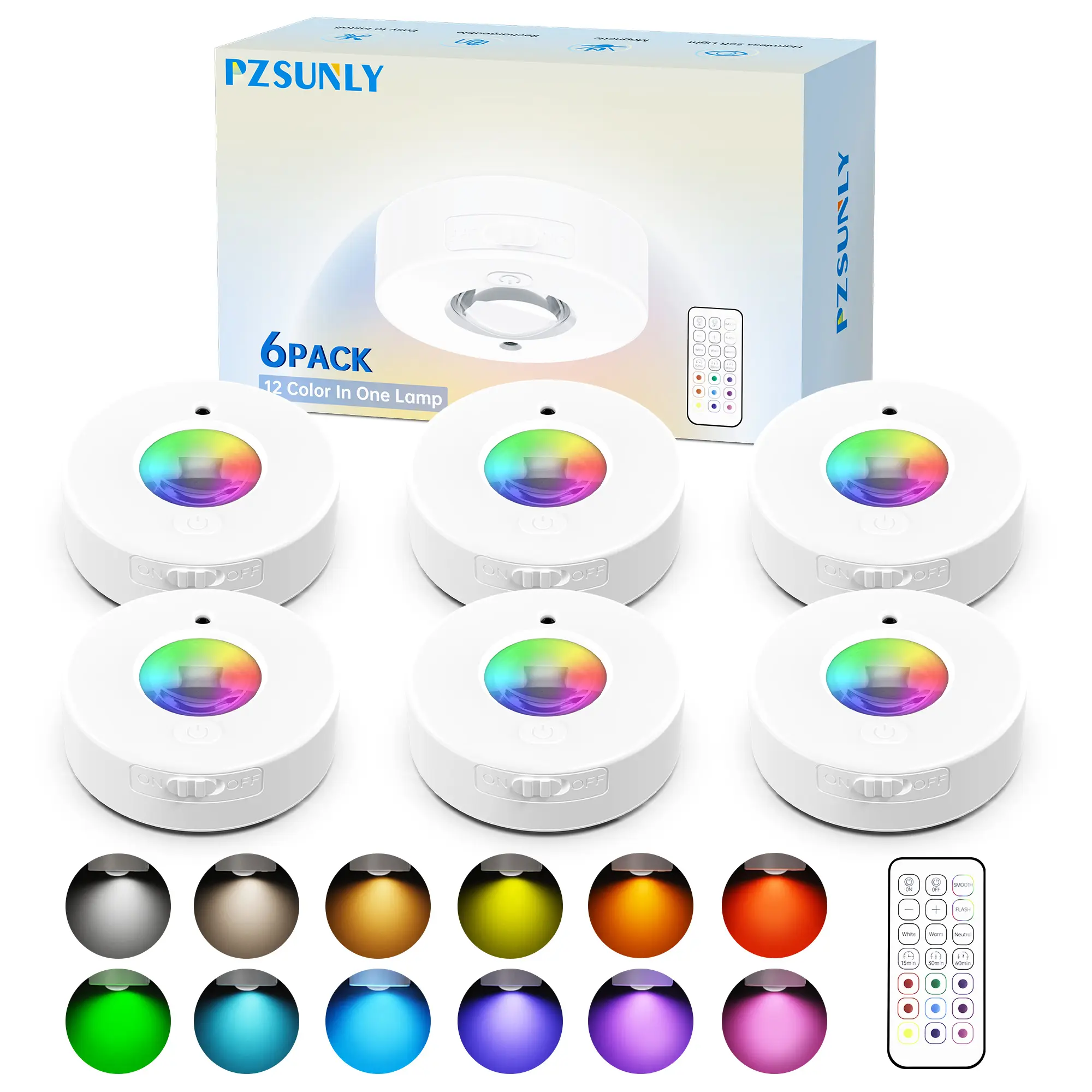 PZSUNLY 6 Pcs Remote Control Spotlight, 12 Color Smart LED Wall Light With Overhead Lamp, USB Rechargeable Dimmable Prettylights, Magnetic Stick-On for Showcase, Wine Cabinet, Living Room, Shelves, Independence Day Colorful Backlight