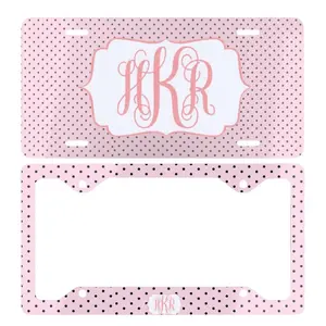 Personalized Monogram License Plate and Frame Pink Polka Dot Custom Initials Cute Car Tag Decor Gift for Women