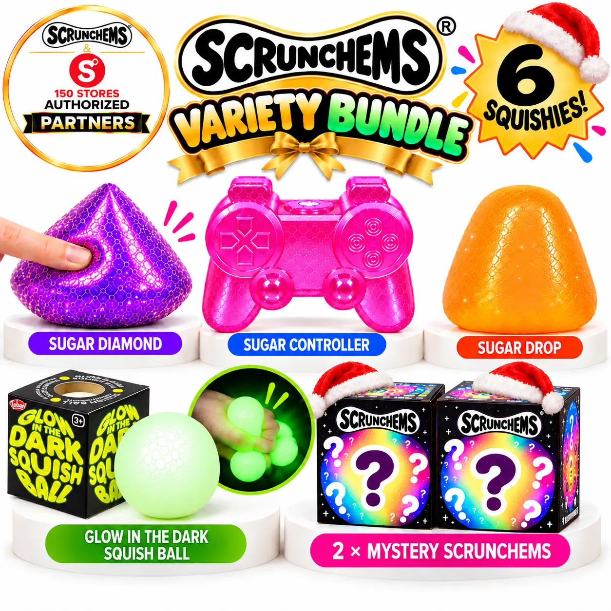 Authentic Scrunchems by One For Fun UK 6-Pack Squishy Fidget Variety Bundle – Sugar Controller, Sugar Orb, Sugar Diamond, Glow-in-the-Dark Ball + 2 Mystery Scrunchems Selections, Assorted Colors, Ages 3+