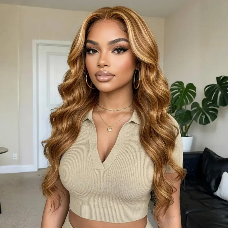 UNice Female Honey Blonde Highlights Body Wave Blonde Human Hair Wig - 7x5 HD Lace Closure, Pre-Cut, Bleached Knots, Pre-Styled Glueless, Beginner-Friendly, Ready-to-Go for Summer