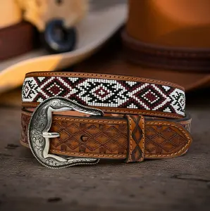 Tooled Western Embossed Leather Belt for Men 100% Genuine Full Grain Cowhide 1.5" Wide Cowboy Buckle Snap-On Rugged Full-Grain Leather Strap