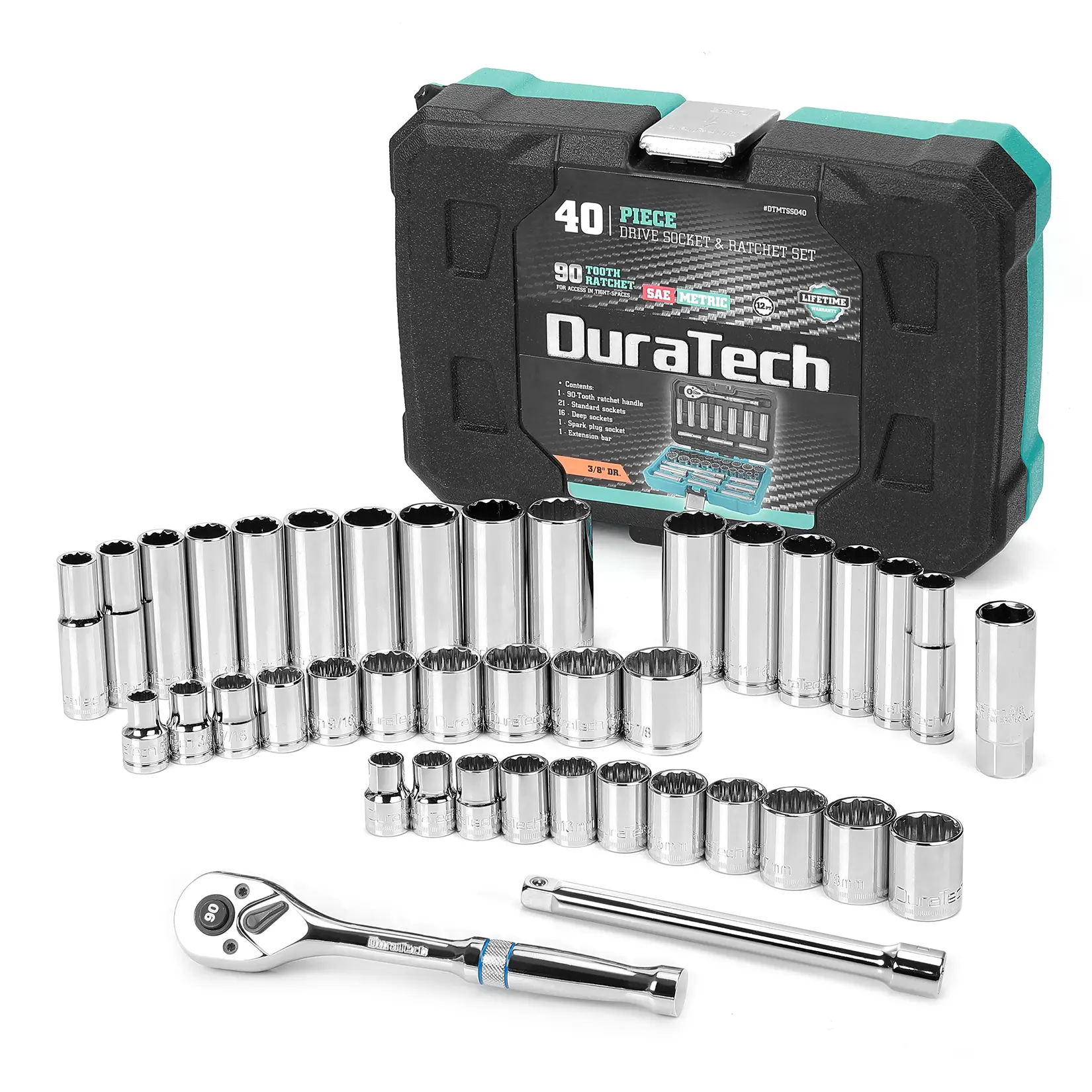 #backtoschool DURATECH 3/8" Drive Socket Set, 40 Piece Tool Set Including Standard (SAE) and Metric Sockets, 90-Tooth Ratchet Handle and Extension Bar