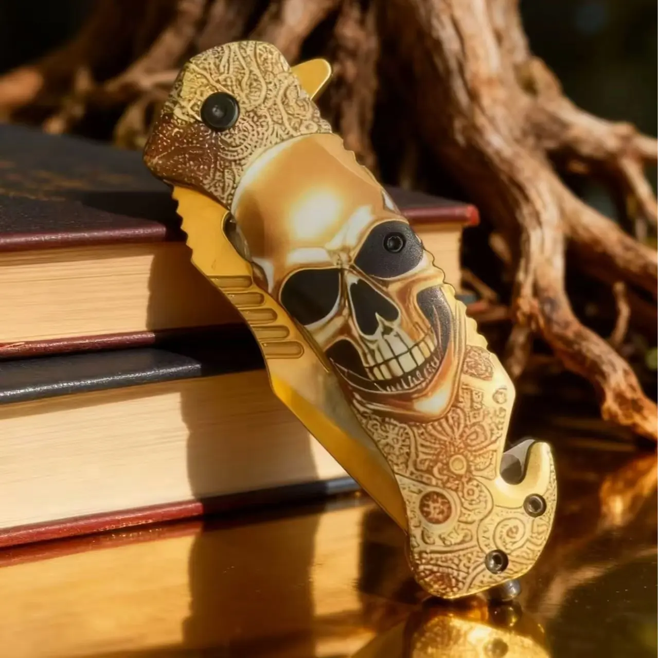 Golden Skull Tactical Pocket Knife, Stainless Steel Foldable Survival Camping Tool for Men with Anti-Slip Grip, Unique Gifts