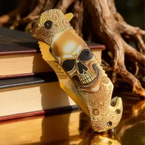 Golden Skull Tactical Pocket Knife, Stainless Steel Foldable Survival Camping Tool for Men with Anti-Slip Grip, Unique Gifts
