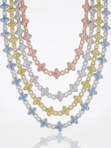 SPACEICE Iced Out Four-Leaf Clover Necklace & Bracelet Set, Metal with Cubic Zirconia, Max Width 18mm, Multicolor Hip Hop Jewelry for Men Women