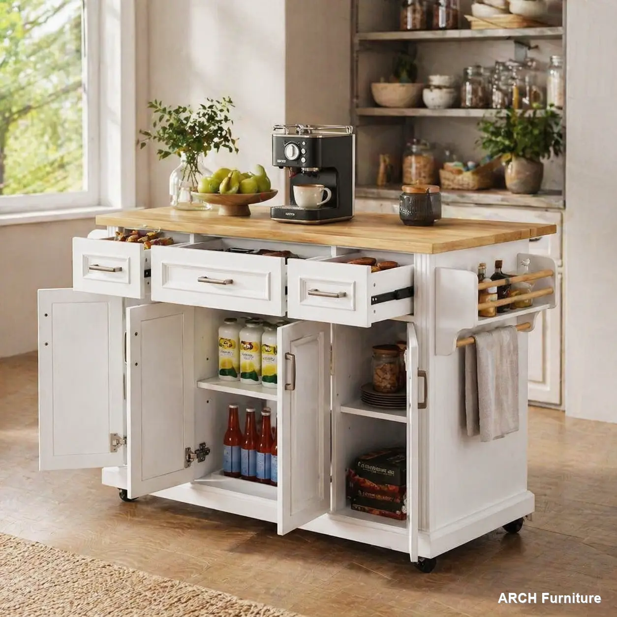 ARCH 54in Large Kitchen Island with Drop Leaf Rubber Wood Top, Rolling Kitchen Cart on Wheels with 4 Doors 3 Drawers, Mobile Kitchen Storage Cabinet for Dining Room, Multiple Color Options, Grey Blue, Black/Grey+Blue/White Color Options