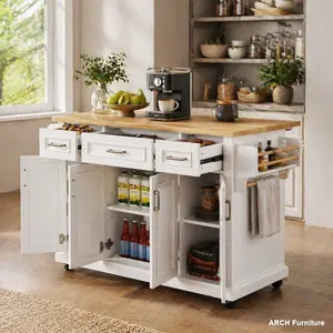 ARCH K&K 54x29.5" Freestanding Storage Cabinet, 54inch Large Kitchen Island with Rubber Wood Drop Leaf, Embossed Texture MDF+Wood Rolling Base Cart on 4 Wheels, 4 Doors, 3 Drawers, Furniture for Kitchen, Dining Room, White Modern Sideboard