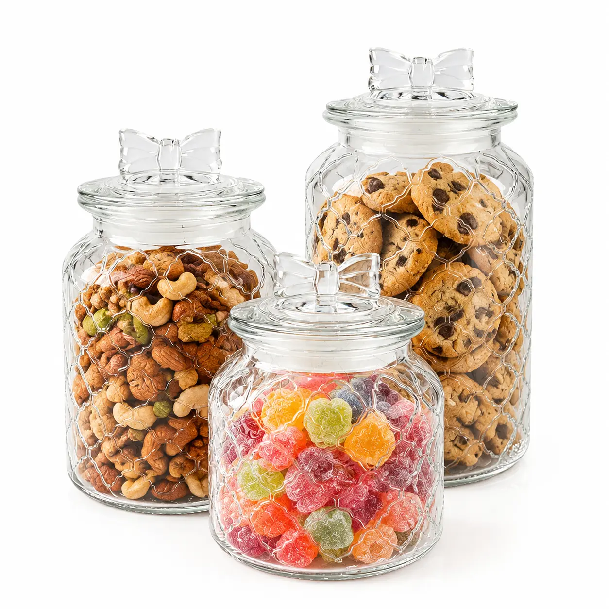 3-Pcs Multi-Size Heart-Shaped Airtight Glass Jars with Lids (22, 32, 45oz) - Candy & Cookie Storage Containers for Kitchen Decor, Kitchen Apothecary Canisters