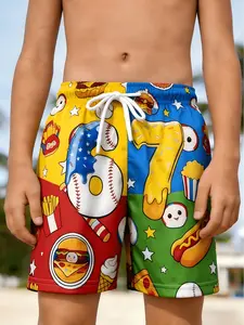 Cartoon Print Beach Shorts, Summer Casual Surf Trunks, Cute Pattern Boys' Swimwear, Loose-Fit Short-Length Clothing