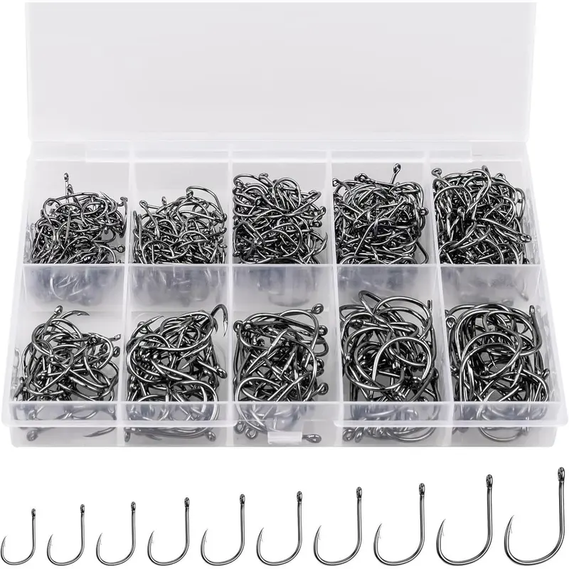 500pcs Premium Carbon Steel Fishing Hooks - Fishing Equipment, 10 Sizes/4 Size Options, Barbs Tip, Corrosion Resistant, Portable Plastic Box, Saltwater-Freshwater Compatible