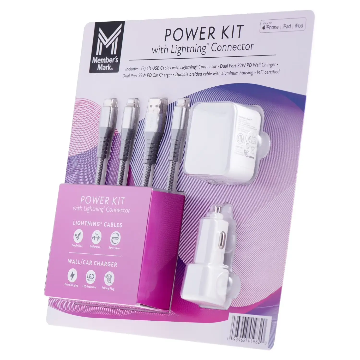 Member's Mark Power Kit with Lightning Connector, 32W PD Wall Charger, Car Charger & 2 MFi Lightning Cables for iPhone, iPad & iPod Charging Durable