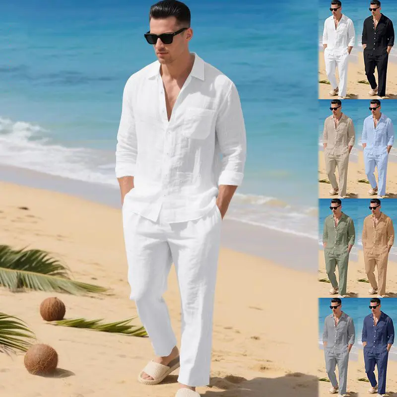 Men's 2-Piece Casual Solid Linen Blend Long-Sleeve Shirt & Trousers Set, Breathable Menswear for Vacation