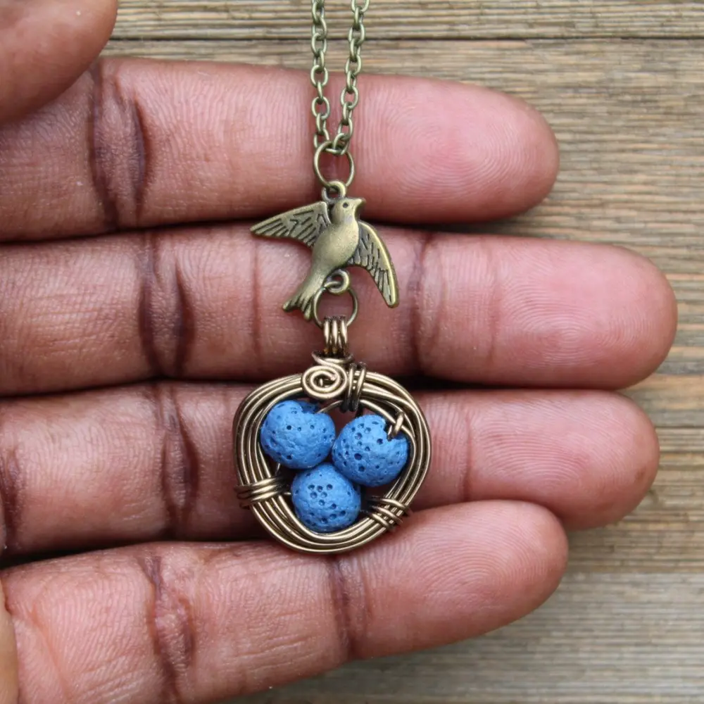 LIght Blue Bird's Nest Necklace, Diffuser Necklace, Bird's Nest Necklace, Lava Bead Necklace, Aromatherapy Necklace, Gift For Mom.