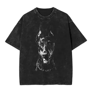Funny Doberman Dog Washed T Shirt Streetwear Hip Hop Retro T-Shirts Tees Tops for Men Women Short Sleeve High Street Summer         UUD RVO