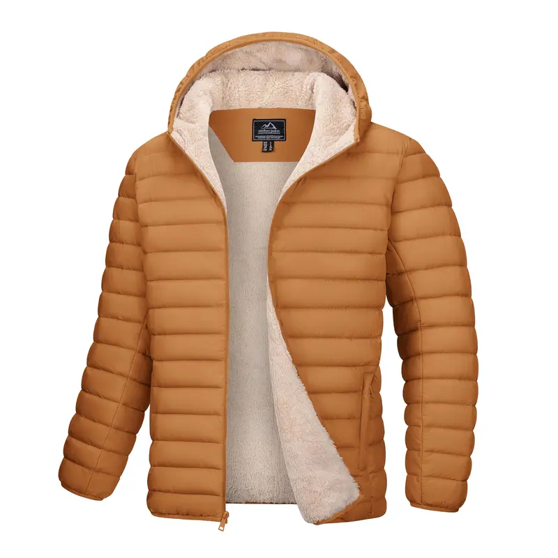 MAGCOMSEN Men's Hooded Zippered Puffer Down Jacket - Sherpa Lined, Waterproof, 1 Hidden Inner Pocket Winter Coat, Hooded Zippered Jacket