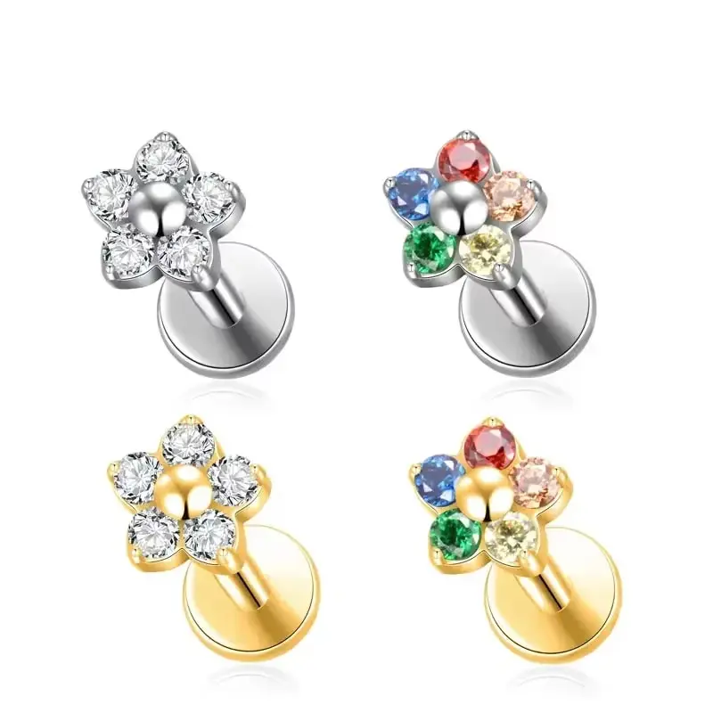 G23 Titanium Zircon Flower Studs - Ideal for Lip, Ear and Nose Piercings