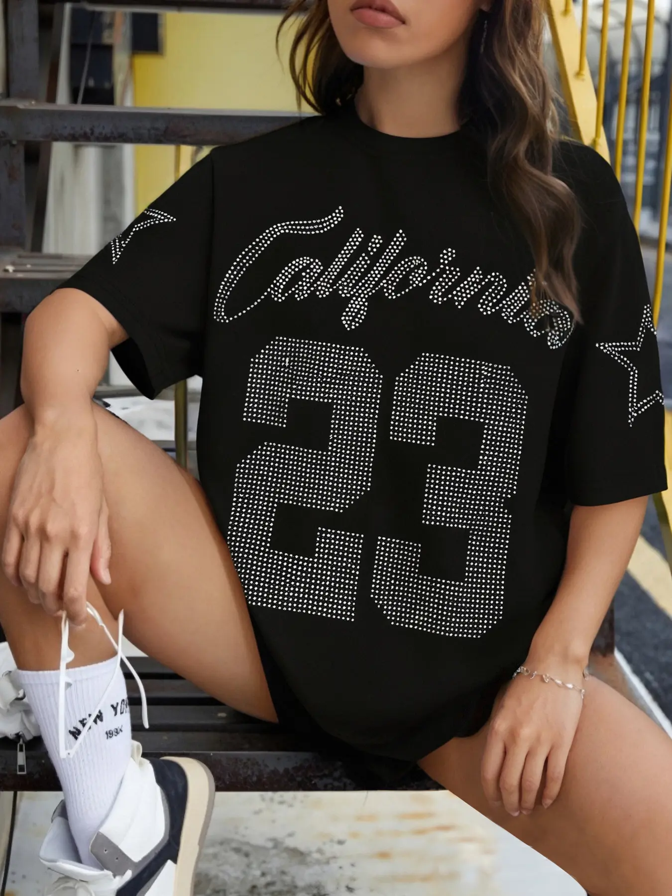 Summer New Fashion Crystal Number 23 Letter Diamond Print Embroidered Flower Floral Casual Loose Fit Oversized Baggy Plus Size Knit T-Shirt Top Unisex