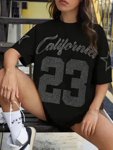 Summer New Fashion Crystal Number 23 Letter Diamond Print Embroidered Flower Casual Loose Fit Plus Size Knit T-Shirt Unisex