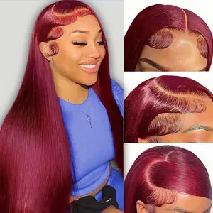 99j Wigs Burgundy 13x6 HD Transparent Lace Front Wigs Human Hair Brazilian Straight Human Hair Wigs 210% Density For Black Women