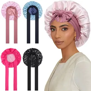 Hot Sale Satin Bonnet Silk Like Bonnets for Sleeping Double Layer Sleep Cap Haircare Bonnet with Elastic Tie Band for Curly Hair Pink Night Cap